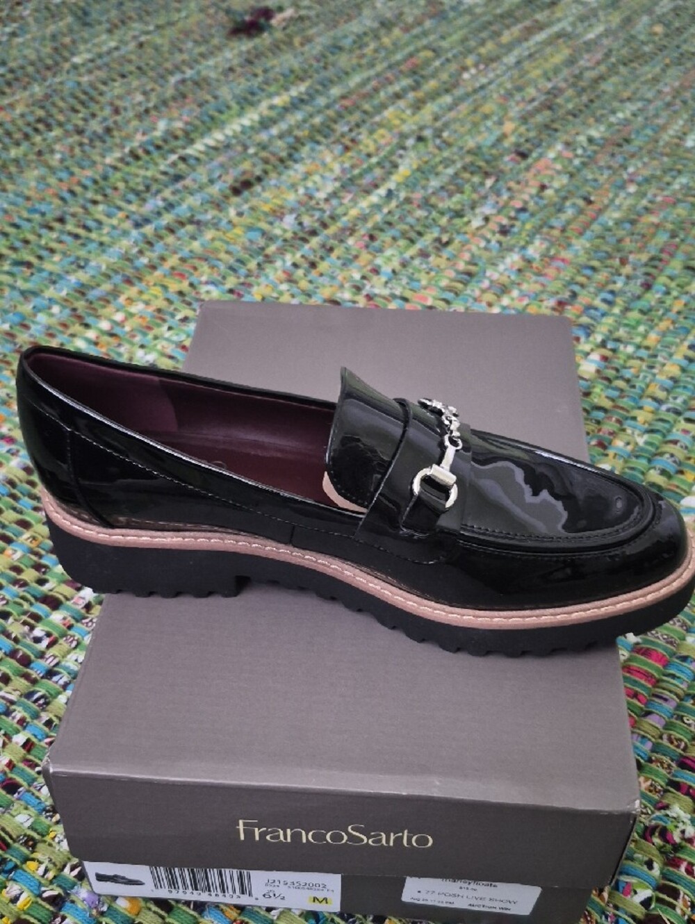 Franco Sarto Black Patent Loafers with Brown Trim and Silver Bit - Picture 3 of 4
